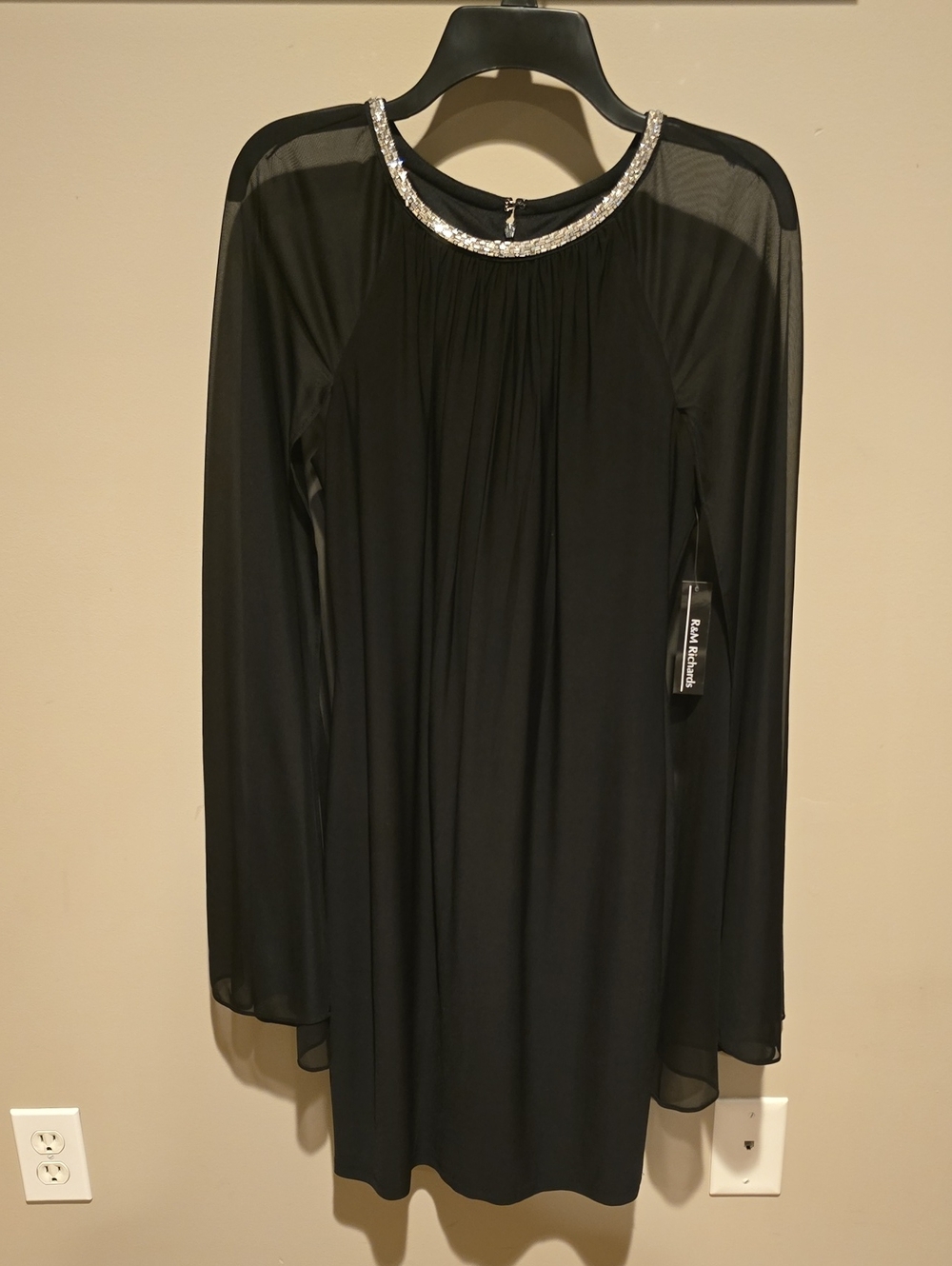 R&M Richards Black Long Sleeve Dress with Crystal-Trim Neckline
